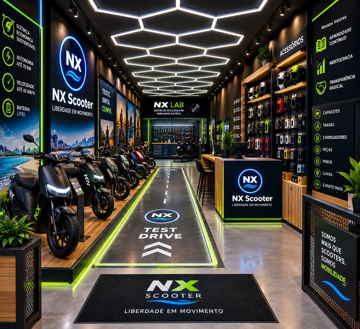 Conceito visual da loja NX Scooter com pista de test drive e iluminação geométrica